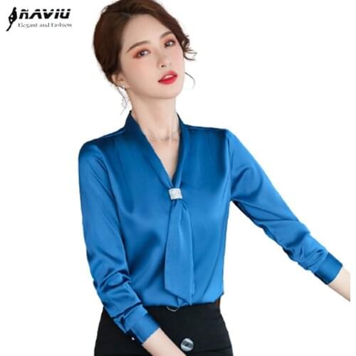Blue Shirt Women Design Streamer Spring 2021 New Temperament V Neck Chiffon Satin Blouses Office Ladies Formal Loose Work Tops