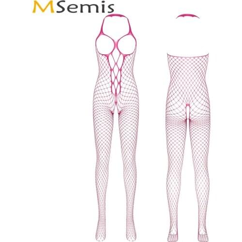 Women One-piece Pantyhose Lingerie Porno Transparent Crotchless Bodystocking Bodysuit Sexy Open Cups Hollow Out Netted Nightwear