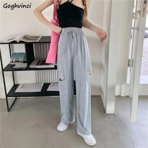 Women Wide Leg Pants Hole High Waist Bodybuilding Stretchy Slim Simple Students Casual Outwear Baggy Drawstring Trousers Ulzzang
