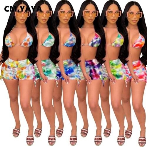CM.YAYA Women Set Print Halter Bra Sheath Elastic Shirring Short 2 Piece Set Sexy Night Club Bar Matching Set Summer New Fashion