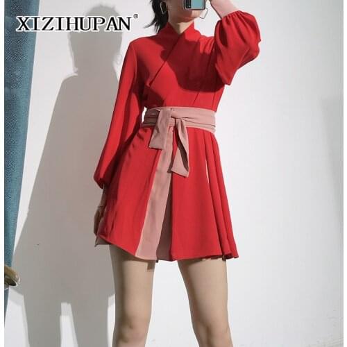 XIZIHUPAN Patchwork Vintage Lace Up Hit Color Coats For Women V Neck Lantern Long Sleeve High Waist Trench Female 2021 New Style