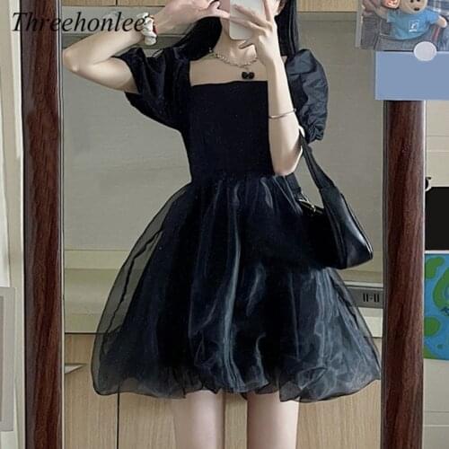 Gothic Dress For Women 2021 Summer French Vintage Lace Mini Puffer Sleeve Y2k Elegant Korean Chic Female Dresses Vestidos