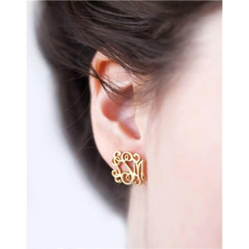 Gold Monogram Earrings Personalized Cusrom Name Stud Earring Stanless Steel Jewelry Women Vintage Initial Oorbellen Gifts BFF