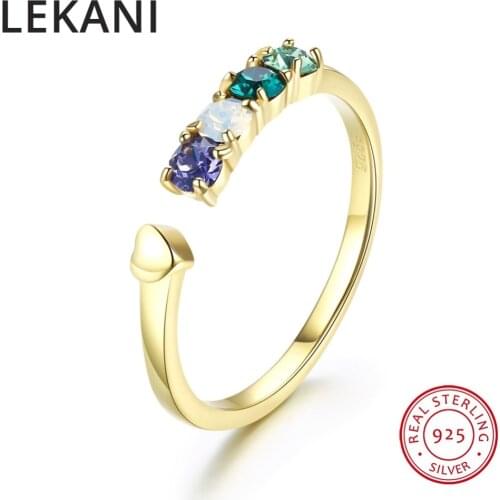 2018 LEKANI Colorful Beads Crystals From Swarovski Open Rings Resizable Gold Color Real S925 Silver Jewelry For Women Wedding
