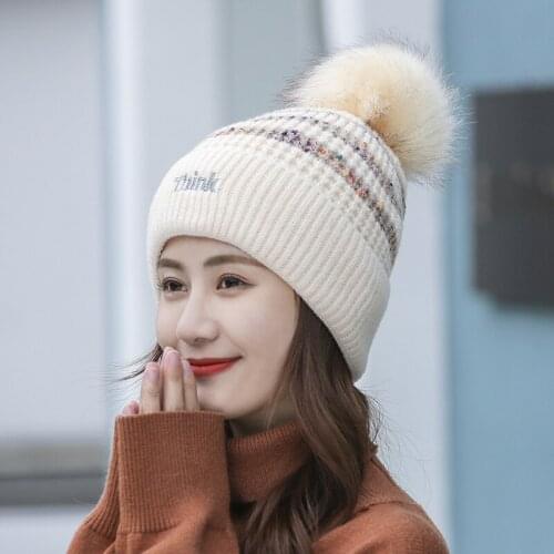 2020 New Fashion Womens Hat Knitted Stripped Wool Beanie Warm and Double Thick Winter Hat Big Pompoms Lovely letters Cap