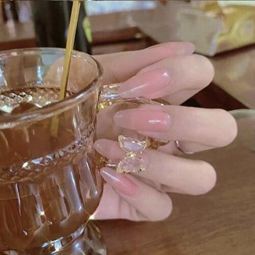 Newest 24pcs Jelly pink water butterfly False nails Detachable gauze Manicure patch