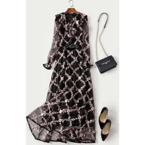 American New European and famous lady lotus leaf heavy industry embroidery mesh slim waist long dress x