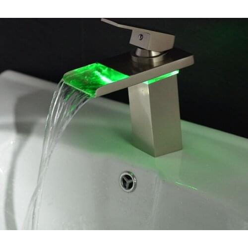 Free shipping Brushed Nickel Bathroom LED Faucet Vessel Waterfall One Handle/hole deck mounted