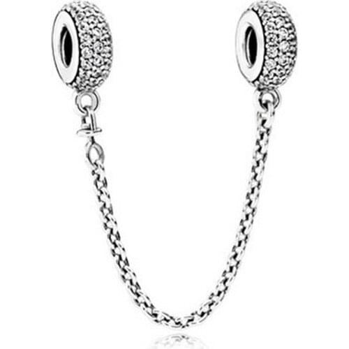 Fit Original Pandora Clear CZ Stopper Charms Bracelet Girl Zircon Round Safety Chain Bead DIY Jewelry for Women Bangle Accessory