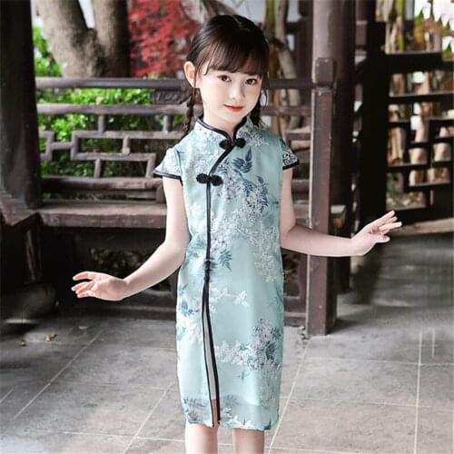 Cheongsam blue flower dress girl improved cheongsam temperament Chinese style 2020 summer new robe chinoise