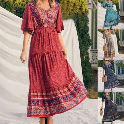 Floral Print Bohemian Dress Fashion Women Sexy Beach Pleated Party Maxi Dress Female High Waist Casual Long Dress Robe Vestidos