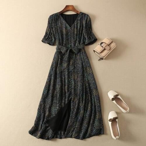 ElfStyle 100% Viscose V Neck Short Sleeve Floral Print Midi Dress With Waist Ties & Button Front