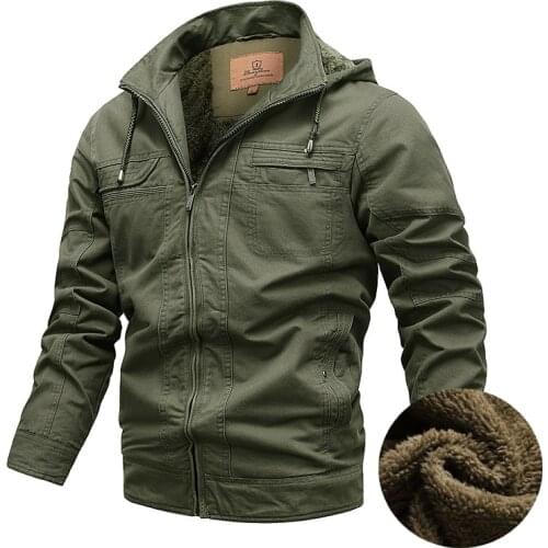 Safari Style Fleece Jacket Men Hood Detachable Multi Pockets Warm Jackets for Man Military Bomber Jackte Army Coats