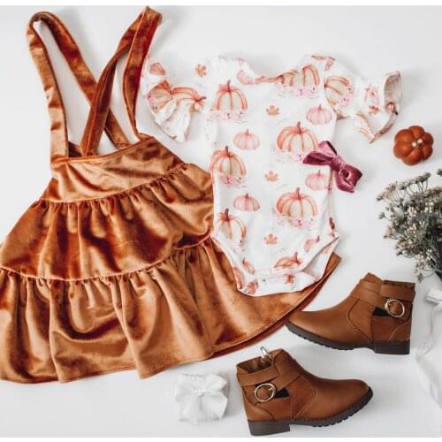 FOCUSNORM 2pcs Baby Girls Princess Clothes Sets Pumpkin Printed Ruffles Sleeve Romper+Velvet Suspender Dress Halloween Outfits