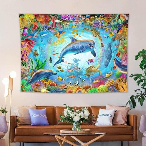 Tapestry Underwater World Kids Room Decor Colorful Dolphin Turtle Coral Fish Wall Hanging Tapestry Cartoon Design Beach Towels