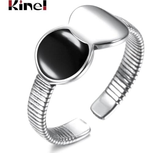 Kinel 100% Real 925 Sterling Silver Geometric Black Enamel Round Adjustable Ring Minimalist Fine Jewelry for Women Party Gift