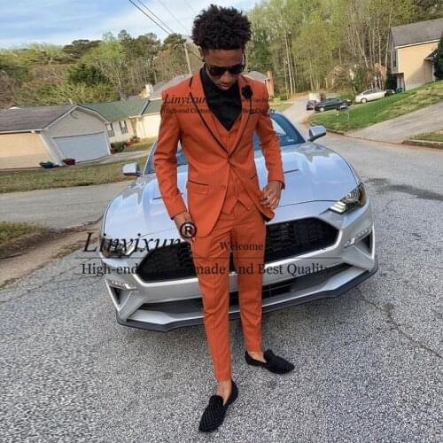 Handsome Orange Slim Fit Mens Suits Notched Lapel Wedding Tuxedos For Men Cheap Three Piece Prom Blazers (Jacket+Pants+Vest)