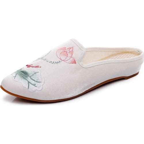 Vintage Lotus Embroidered Ladies Pointed Toe Flat Shoes Glossy Velvet Cotton Fabric Mules Comfort Chinese Women Slippers