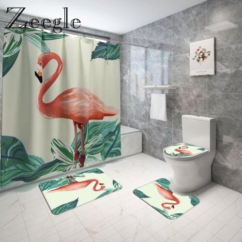Animals Printed Bath Mat and Shower Curtain Set Anti Slip Toilet Seat Cover Mat Bathroom Floor Mat Absorbent Toilet Foot Rug Set
