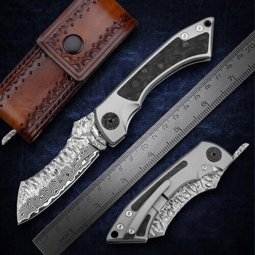 NEWOOTZ Damascus Higonokami Folding Knife with Pocket Clip and Sheath EDC Tools for Outdoors Self Defense Climbing Mens Gift