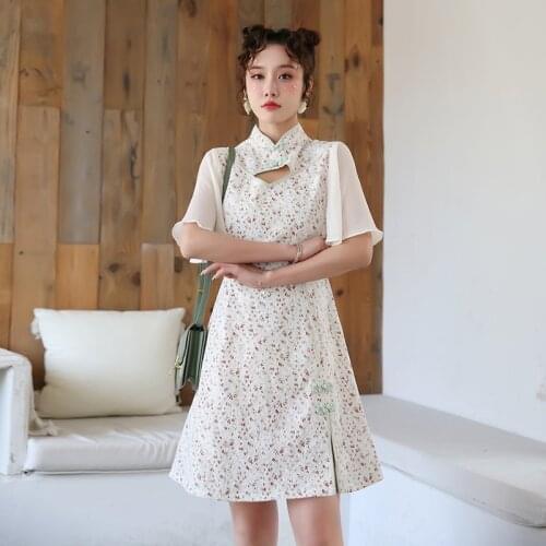 Summer New Chinese Style Retro Improved Cheongsam Design Feeling Hollow Chiffon Sleeve Waist Slim Dress