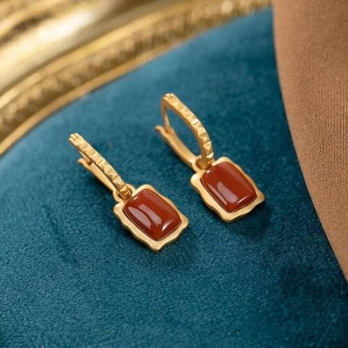 Original S925 Sterling Silver Southern Red Agate Personalized, Stylish and Simple Earrings Antique Womens Ear Clip Eardrops Ear