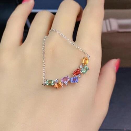 Trendy Row overlapping Natural Multicolor sapphire Necklace natural gemstone Pendant Necklace S925 silver woman gift Jewelry