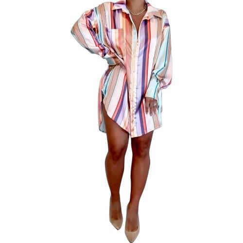 Casual Women Shirt Colorful Striped Full Sleeve Streetwear Party Night Clubwear Clothes For Women Outfit