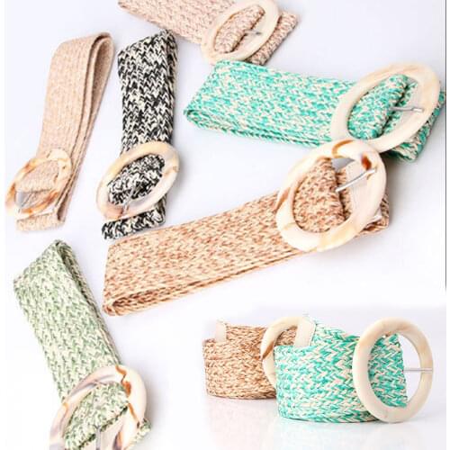 Vintage Female Woven Vintage Carved Wood Buckle Elastic Belt Straw Casual Ultra Wide Belt Decoration Dress Shirt Waist Seal