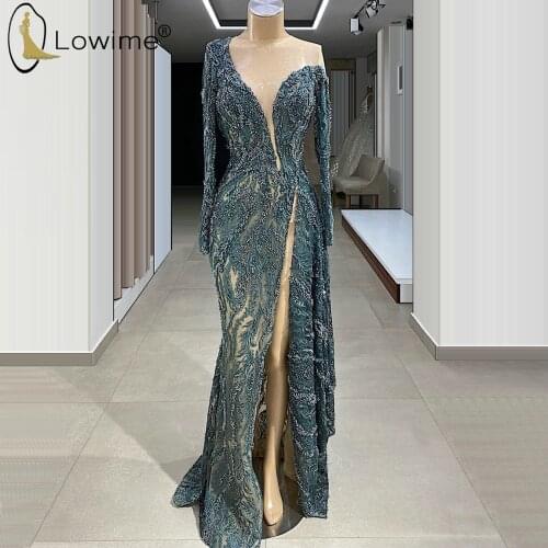 Abendkleider Sexy See Through Long Sleeve Evening Dresses Mermaid Lace Formal Evening Gowns Robes Longues