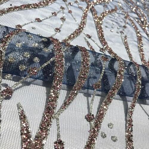 Latest Navy Blue African Laces 2021 High Quality Glitter Mesh Crystal Rhinestone Tulle Fabric for Sewing Party Dresses Wholesale