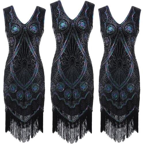 Vintage 1920s Gatsby Flapper Dress Sexy V Collar Sleeveless Sequin Tassels Elastic Waist Tank Party Dress Women Vestidos