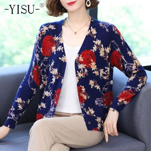 YISU 2021 New Women clothing Sweater Cardigans V-Neck printing Knitted Coat Cardigan Single Breasted Casual Knit Jacket Sweater