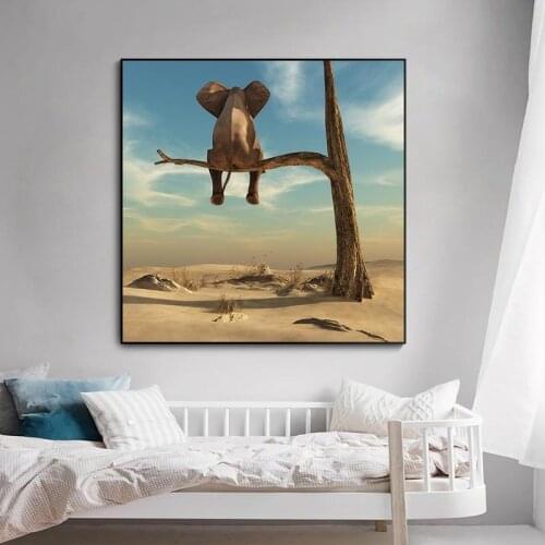 Funny Little Elephant on Tree Modern Canvas Painting Wall Art Animal Pictures Nordic Posters and Prints for Kids Room Home Decor