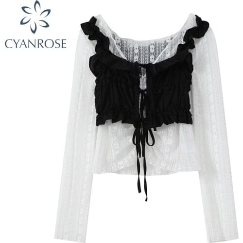 Summer Sexy Womens Blouse White Hollow Out Mesh Black Ruffle Lace Up Draped Vest 2021 Summer Vintage Casual Korean Shirt Female