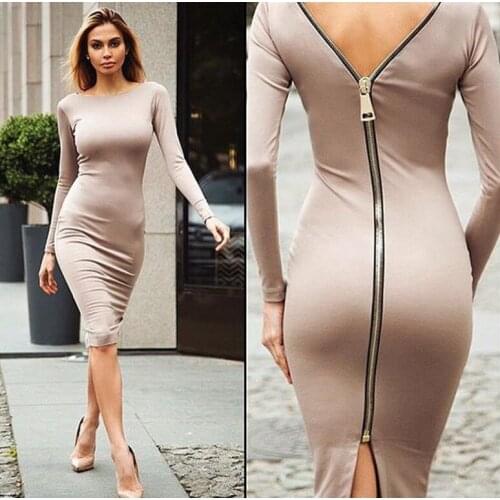 2020 New Women Slim Sexy Dress Back Zippered Knitted Long Sleeve Cotton Solid Color Crew Neck Simplicity Versatile Comfortable