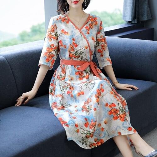 Women Fashion Red Floral Cotton Linen Midi Dress 2021 Summer Casual Vintage 3XL Plus Size Dress Elegant Bodycon Party Vestidos