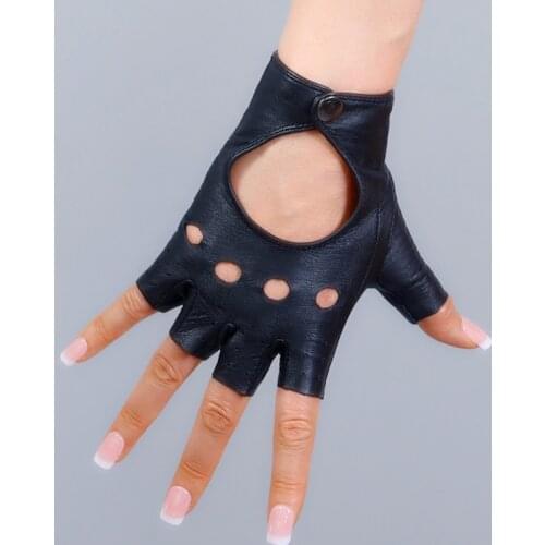 100% REAL PATENT LEATHER Fingerless Short Gloves Black Button Half Finger Women Semi-Finger Gloves Driving WZP32