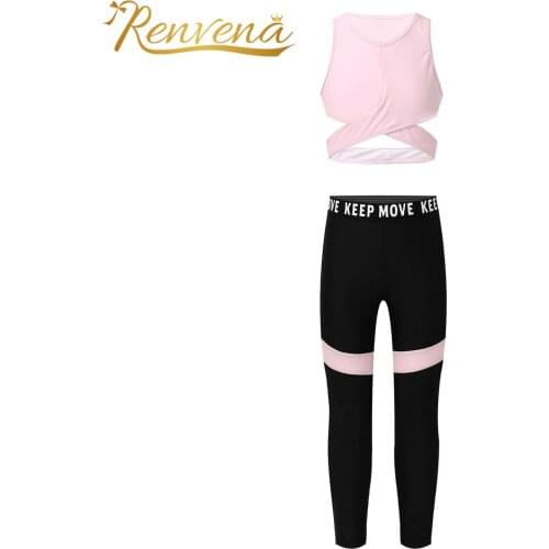 2Pcs Kids Girls Tracusuit Sweatsuits Sport Suits Racer Back Top Color Block Pants Kids Ballet Gym Dancewear Sport Yoga Set