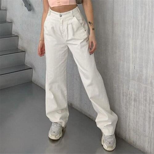 2021 Streetwear Sweetown Korean Fashion Style White Straight Pants for Women Casual High Waist Basic Loose Female Trousers