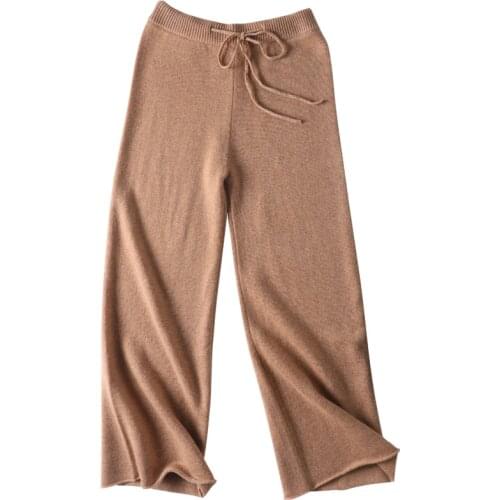 Women 100% Cashmere And Wool Pants 2020 New Autumn Winter Soft Waxy Comfortable High-Waist Knitted Female Thicken Wide Leg Pants