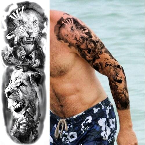 Fighting Lion Tiger Wolf Temporary Tattoo For Men Women Adult Body Art Full Arm Warrior Tatoo Water Transfer Fake Tattoo Sticker