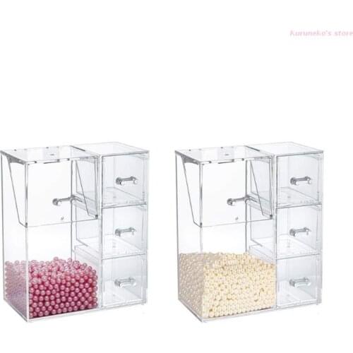 Makeup Brush Holder with Dustproof Lid Drawer Box Free Pearls Acrylic Clear Cosmetic Organizer for vanity Cotton Pads Storage