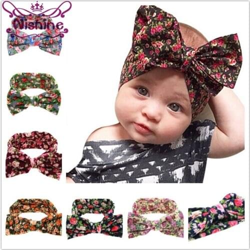 Nishine Girls Big Bow Knot Elasticity Headband Cotton Blend Children Kids Elastic Printing Flower Hair Band Hair Accessories