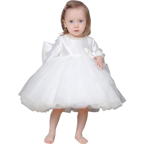 Little Girls Lace Beading Dress Baby Kids Long Sleeve White Bow Fluffy Ball Gown Flower Girl First Bithday Party Dresses 1-11Y
