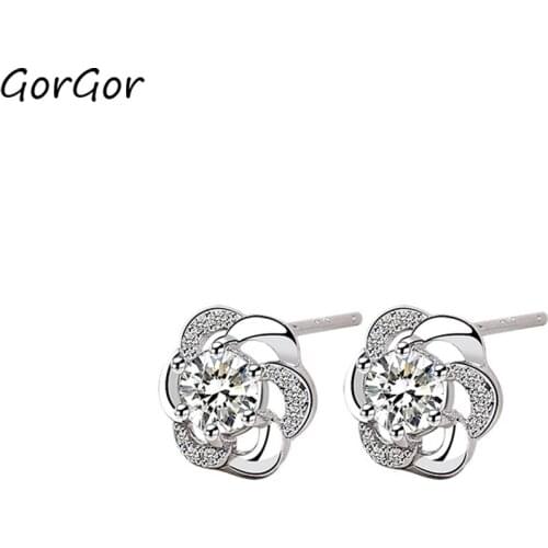 GorGor Clip Earrings Women 925 Sterling Pattern Plum Blossom Mosaic Zirconia Simplicity Exquisite Anniversary Jewelry E110