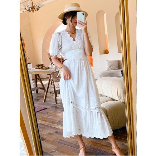 GypsyLady 100% Cotton Lace Maxi Dress White floral embroidery Summer Holiday Dress Hollow Out Sexy Chic Ladies Women Dresses
