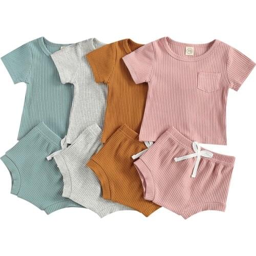 Lioraitiin 0-3Years Toddler Newborn Baby Boy Girl 2-piece Outfit Set Short Sleeve Solid Color Tops+Shorts Set 4Colors