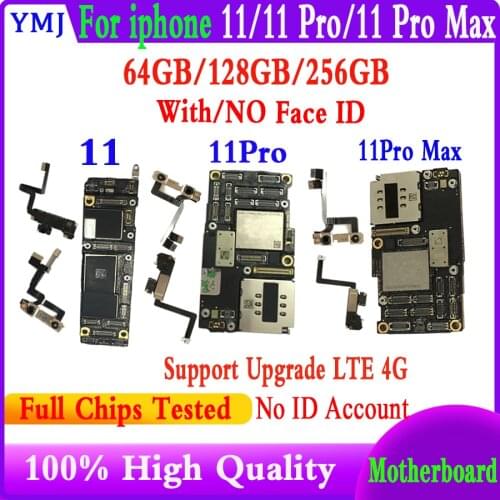 Original Motherboard For iPhone 11 64GB 128GB 256G Factory Unlocked Mainboard with chips IOS Logic board With/NO Face ID