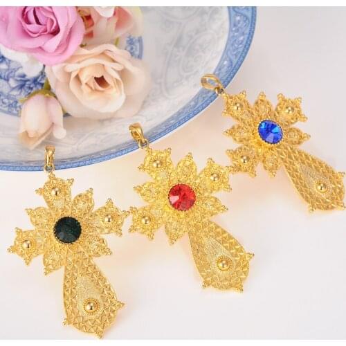 NEW Ethiopian Big crystal Cross Pendant Necklaces Solid Gold FINISH Eritrea Jewelry Ethiopia Ethnic Religious Crosses